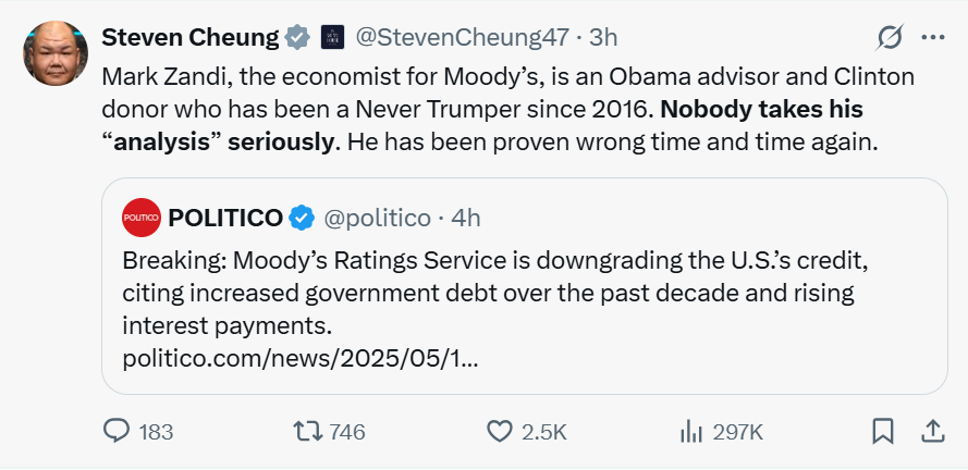 美国痛失最后一个3A评级!白宫炮轰穆迪:这是一项政治决定